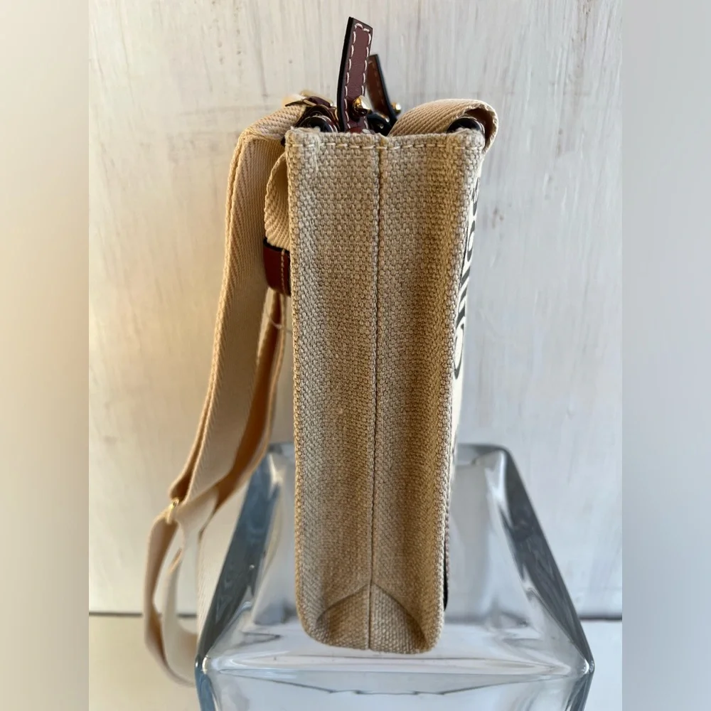 Chloé Mini Woody Linen Canvas North/South Tote- White-Brown